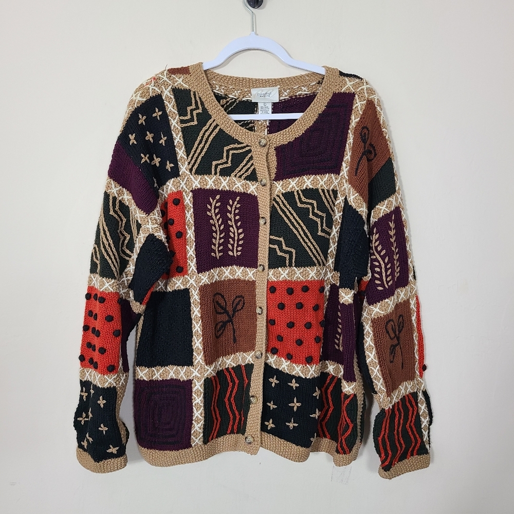 Vintage Patchwork Embroidered Womens XL Cardigan Red Black Holiday Ugly Abstract